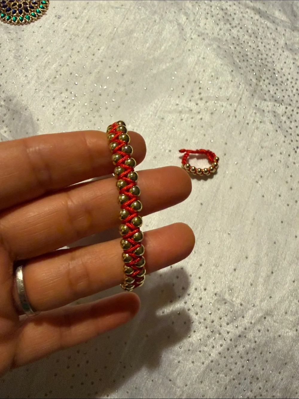 Red Cord Bracelet and Ring Set with Gold Beads for girls